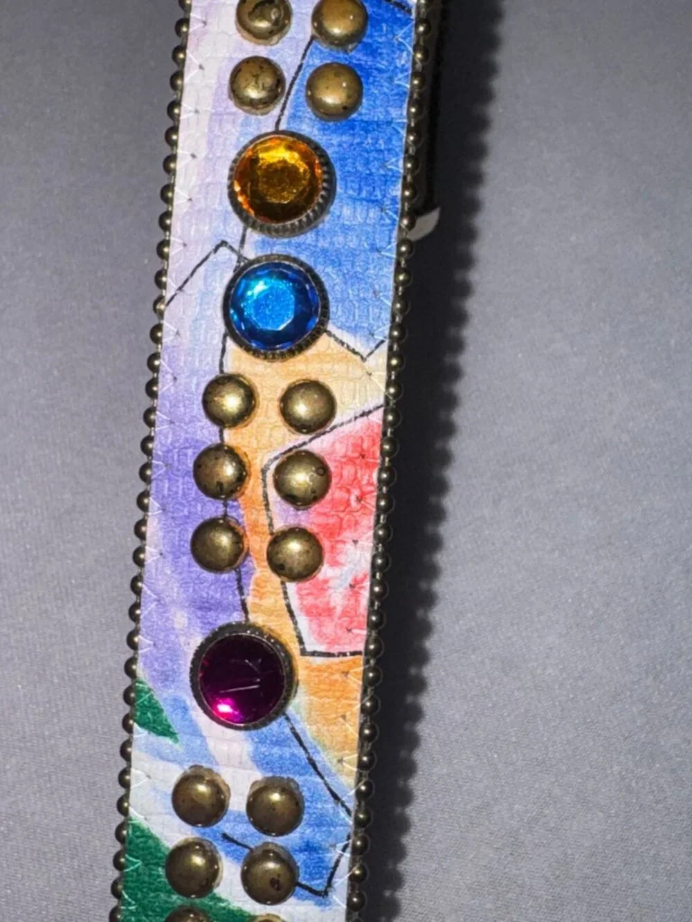 Vintage Rainbow Studded Rhinestone Belt Abstract Brass Buckle